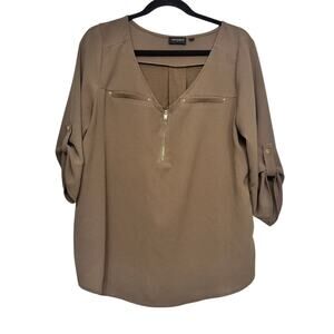 Tempted Brown Zip Front Roll Tab Sleeve Blouse Women’s Large Business Casual